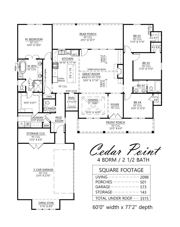 Architectural floor plan labeled 'Cedar Point,' showing a single-story house layout with 4 bedrooms and 2 1/2 bathrooms. The house has a living area of 2,098 square feet and a total area under the roof of 3,315 square feet. The plan includes a two-car garage, master bedroom with en-suite bathroom and walk-in closet, three additional bedrooms, one full bathroom, a powder room, a great room with a vaulted ceiling, a kitchen with an adjacent pantry, a dining room with a tray ceiling, a mudroom, a laundry room, and storage closets. The outdoor areas include a front porch and a rear porch, both with 10-foot ceilings. Specific room dimensions and ceiling heights are provided throughout the plan.