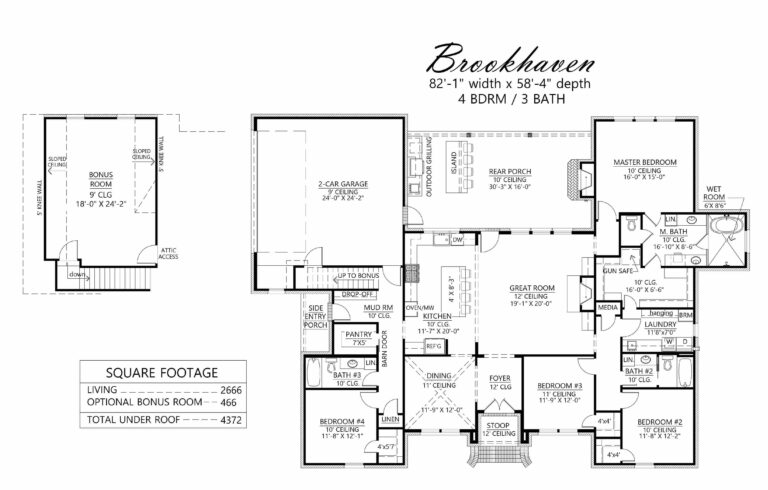 Architectural floor plan labeled 'Brookhaven,' showing a single-story house layout with an optional bonus room. The house has a total living area of 2,666 square feet, with an additional optional bonus room of 466 square feet, bringing the total area under the roof to 4,372 square feet. The plan includes a 2-car garage, master bedroom with en-suite bath and wet room, three additional bedrooms, three bathrooms, a great room, dining room, kitchen with an island, pantry, and drop-off area, mudroom, laundry room, media room, and rear porch with outdoor grilling area. The plan also features a stoop entry and side entry porch. Specific room dimensions and ceiling heights are provided throughout the plan.