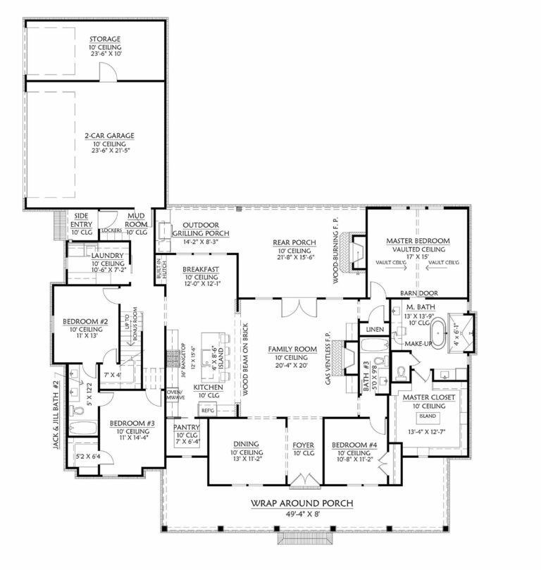 Architectural floor plan labeled 'Cotton Grove,' showing a single-story house layout with 4 bedrooms and 3 bathrooms. The house has a two-car garage with an attached storage area, and a wrap-around front porch. The interior includes a master bedroom with a vaulted ceiling, en-suite bathroom, and large walk-in closet. The plan also features three additional bedrooms, a family room with a gas ventless fireplace, a dining room, a kitchen with an adjacent pantry and breakfast area, a mudroom, a laundry room, and a Jack-and-Jill bathroom shared by two of the bedrooms. The outdoor spaces include a rear porch and an outdoor grilling porch. Specific room dimensions and ceiling heights are provided throughout the plan.