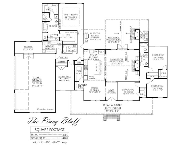 Floor plan of the Piney Bluff home, featuring 2,705 sq. ft. of living space. The layout includes 5 bedrooms, 4 bathrooms, a wrap-around front porch, a vaulted living room, a rear porch with an outdoor kitchen, and a 3-car garage. The plan also includes a spacious master suite with a tray ceiling, a large walk-in closet, and a luxurious master bath. The open-concept kitchen and dining area flow into the great room with a fireplace, creating an ideal space for gatherings and family living.