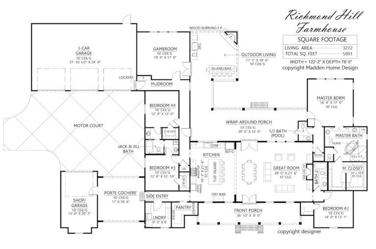 Floor plan of the Richmond Hill Farmhouse, a spacious 3,272 sq. ft. home with 4 bedrooms, 4.5 bathrooms, and a 3-car garage. Features include a large great room, wrap-around porch, game room, and an outdoor living area with a wood-burning fireplace. The layout highlights a luxurious master suite with a large master bath, a Jack & Jill bathroom for two bedrooms, and a separate bedroom near the game room. Includes multiple storage spaces, a mudroom, and a motor court for extra parking.